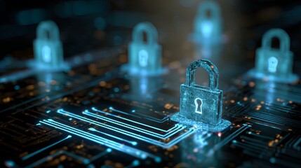 Secure digital network with glowing padlock icons on circuit board, representing cybersecurity and data protection in a modern technological era.