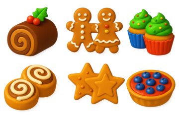 Holiday Bakery Icons. 3D icon set of holiday baked goods: chocolate Yule log cake, gingerbread cookies, frosted cupcakes, cinnamon