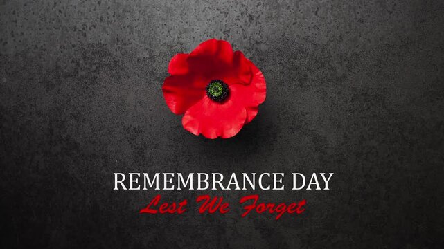 Remembrance Day Lest We Forget inscription with Poppy flower on rusty iron background. Decorative flower for Remembrance Day. Memorial Day. Veterans day.
