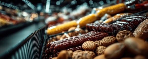 Close-up of products in a grocery cart in a supermarket aisle