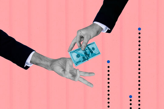 Exclusive zine art pop trend collage of human hand hold dollar banknote payment market help bankrupt finance income capital - Powered by Adobe
