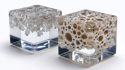Solid cube and gyroid lattice cube side by side on seamless white background