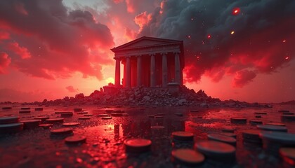 Obraz premium Crumbling ancient building with pillars sits on rubble under dark red stormy sky. Scattered coins lay on wet ground, symbolizing financial collapse and economic ruin.