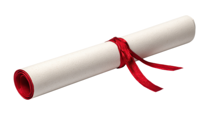 Elegant diploma certificate rolled with red ribbon representing success, education, achievement, honor, graduation, and academic excellence presentation concept on white background