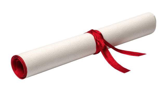 Elegant diploma certificate rolled with red ribbon representing success, education, achievement, honor, graduation, and academic excellence presentation concept on white background