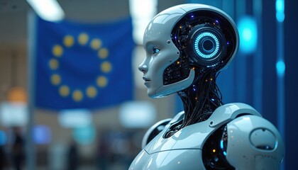 Advanced robot stands before European Union flag. Futuristic android signifies AI integration with EU policies and digital advancement. Technology meeting governance in modern world.
