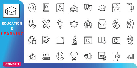 A versatile set of thin line education and learning icons, perfect for web design and infographics, featuring symbols for school, knowledge, and graduation