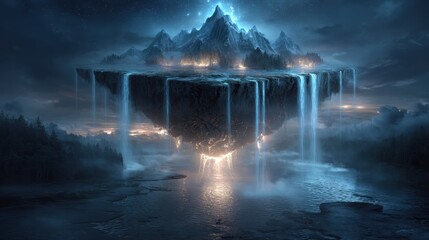 Surreal floating mountain with glowing waterfalls enchanted landscape fantasy art dreamlike atmosphere aerial view mystical concept