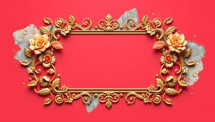 Elegant Floral 3D Frame with Golden Leaves and Pink Flowers &ndash; Decorative Border Design for Invitations, Greeting Cards, and Posters 