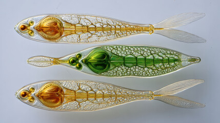 Three diatoms aligned by size on a bright white background with differential interference contrast