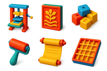 3D Printing Tools Icons. 3D icon set of early printing tools: hand-operated printing press, carved woodblock, movable metal type,