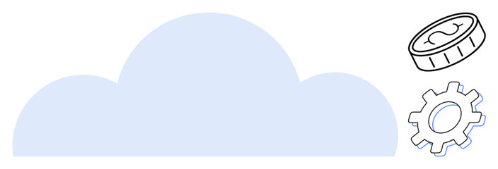 Blue cloud with coin and gear icons representing digital finance, cloud computing, technology integration, and automation. Ideal for fintech, innovation, IT services, efficiency, future trends