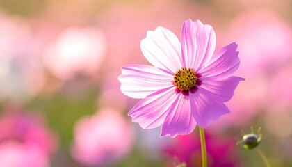 A close-up view of a pink flower with a yellow center set against a soft, blurred background