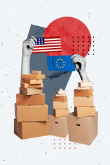 3D photo collage template trend artwork composite of hand hold europe america flag pile box...