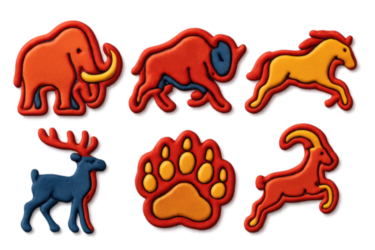Vibrant Animal Icons. 3D icon set of animal cave figures: woolly mammoth, bison running, wild horse, deer with antlers, bear paw