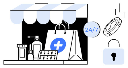Pharmacy products under awning with shopping bag, lock, coin, and 247 sign. Ideal for health, security, ecommerce, pharmaceutical delivery, digital payment convenience simple flat metaphor