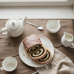 Sweet poppy seed roll cake with tea set on rustic wooden table