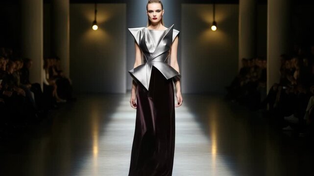 Model showcases avantgarde silver top and brown velvet gown on runway show