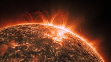 Photorealistic sun view featuring dynamic coronal mass ejections and bright solar flares