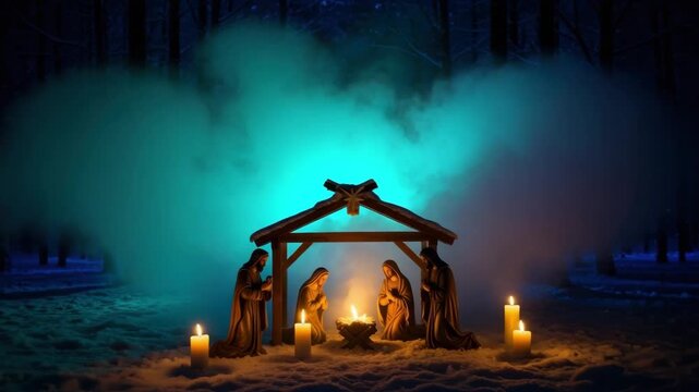 Serene winter night scene with mystical glow and candlelit nativity set in snowy forest