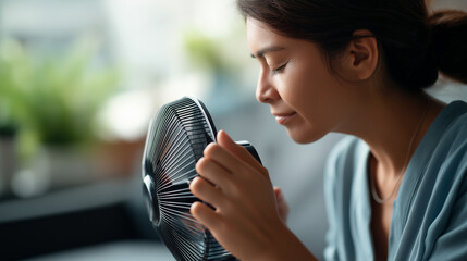 Close up of woman using fan to cool down face partially hidden heat exhaustion temperature discomfort cooling relief home comfort summer heat ventilation need indoor