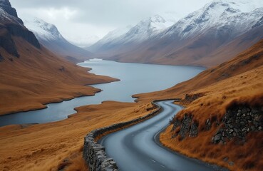 Winding road curves through mountain valley along calm lake. Golden autumn grass covers hills leading to snow capped peaks under overcast sky. Scenic drive for travel adventure journey through