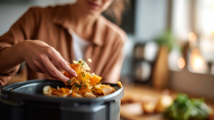 Female scraping leftover food into trash bin face obscured food waste portion control dietary management mindful eating meal planning kitchen waste reduction sustainability