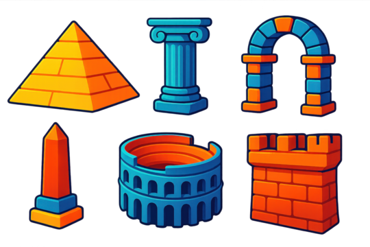 Ancient Architecture Icons. 3D icon set of ancient architecture: pyramid, temple column, stone arch, obelisk, amphitheater,