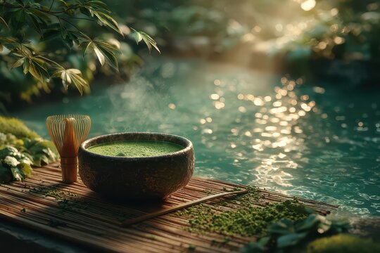 Freshly prepared vibrant matcha tea with whisk by sunlit tranquil water.