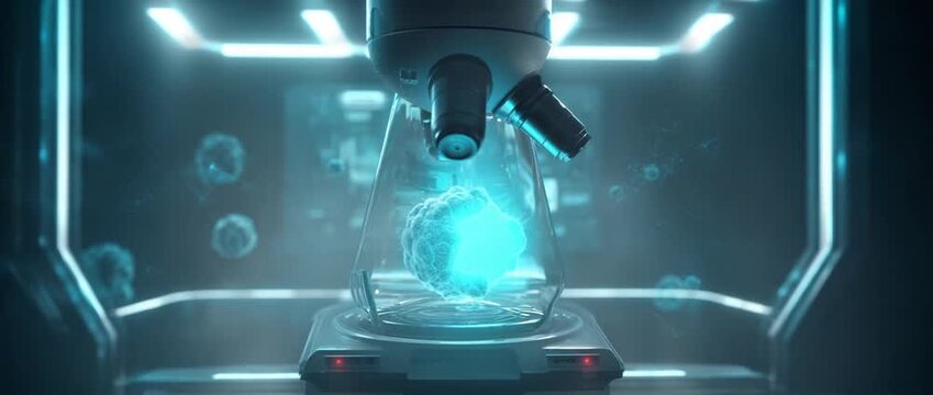 Laboratory science experiment with futuristic microscope and glowing sample