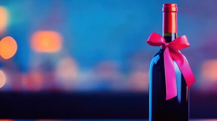 Elegant bottle of red wine with a pink bow set against a soft blue background