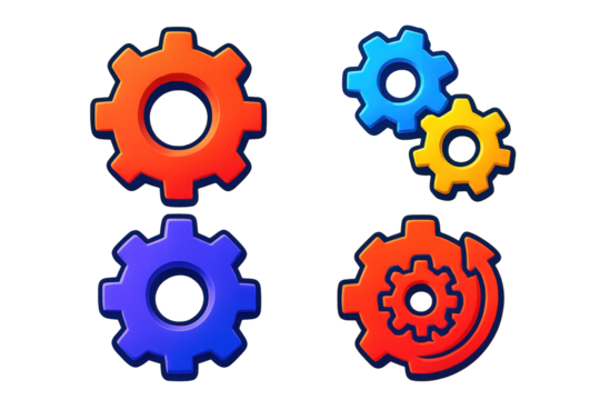 3D Gear Icons. 3D icon set of gear mechanism: cog, interlock, machine wheel, movement gear, rotating system, mechanical part. A