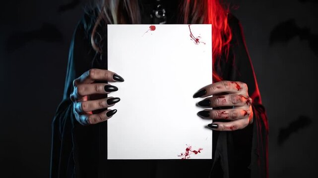 A person with long, sharp nails holds a blank paper with blood spatter.