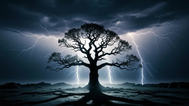 Majestic tree silhouetted against dramatic lightning storm in night sky