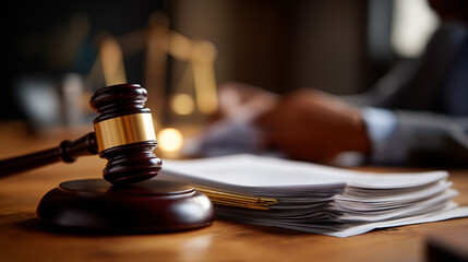 Close up of gavel and legal documents no faces visible court proceedings legal judgment judicial decision law enforcement attorney work legal system courtroom justice desk