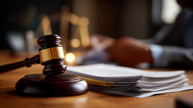 Close up of gavel and legal documents no faces visible court proceedings legal judgment judicial decision law enforcement attorney work legal system courtroom justice desk