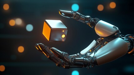 Robotic hand holding a glowing cube with orange light