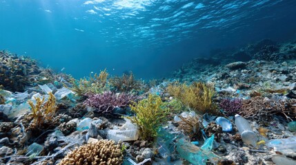 Fototapeta premium Coral reef covered with algae and plastic waste, dull tones, visual metaphor for ocean pollution