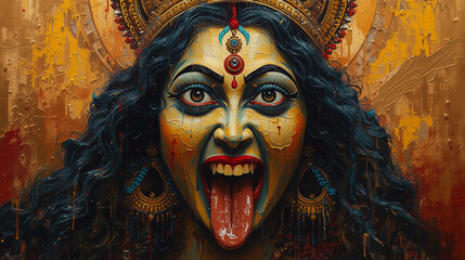 Oil Painting Depicting The Face Of Goddess Maa Kali With Tongue Out, Hindu Festival Kali Puja