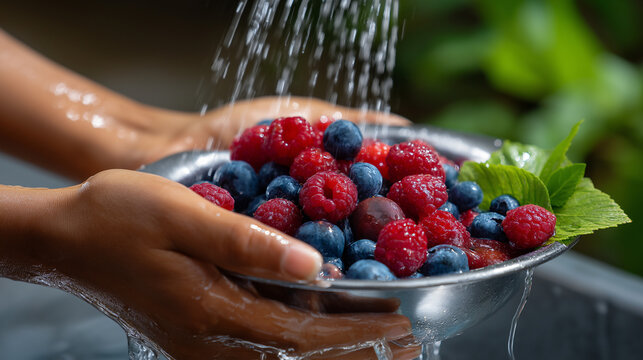 Anonymous person washing berries with blurred body and sharp detailed raspberry and blueberry mix with foliage, with copy space