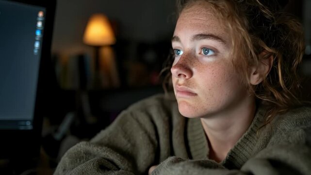 Young student diligently studies on computer, focused and busy, working hard late at night in a dim room with strong concentration and dedication.