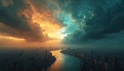 Dramatic storm clouds gather over cityscape at sunset. Dark clouds loom over river running through city with tall buildings on both sides. Sky mix of orange, blue hues as sun sets behind clouds. City