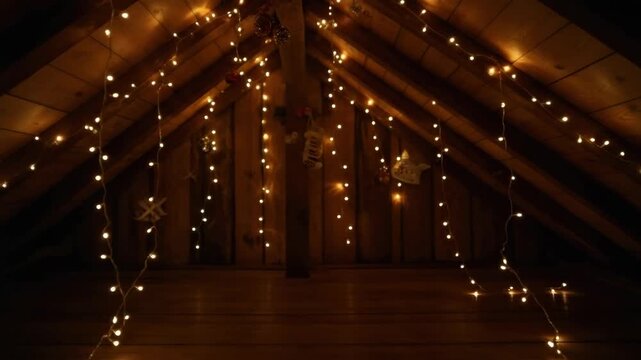 Cozy attic ambiance with warm string lights glowing in rustic wooden loft