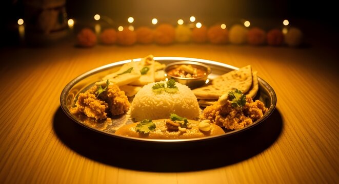A beautifully arranged Indian thali with dal, rice, chapati, and sweet dessert served on a steel plate, symbolizing the community meal or langar during Gurpurab celebrations. Warm festive lights in th