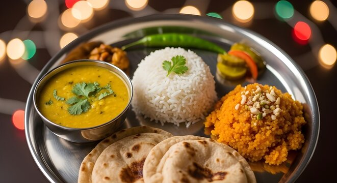 A beautifully arranged Indian thali with dal, rice, chapati, and sweet dessert served on a steel plate, symbolizing the community meal or langar during Gurpurab celebrations. Warm festive lights in th