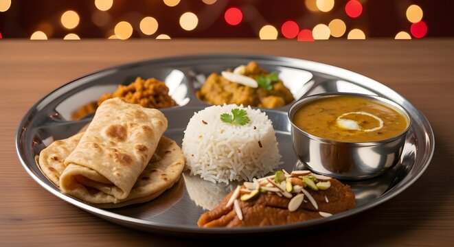 A beautifully arranged Indian thali with dal, rice, chapati, and sweet dessert served on a steel plate, symbolizing the community meal or langar during Gurpurab celebrations. Warm festive lights in th