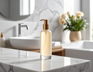 Luxurious Bathroom Vanity with Dispenser Bottle Faucet Sink and Floral Arrangement Elegant Home Spa Experience