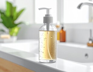Clear Liquid Soap Dispenser with Bubbles on Bathroom Countertop with Sink and Green Plant Background