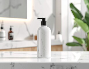 Elegant White Marble Soap Dispenser with Black Pump on Luxurious Bathroom Countertop