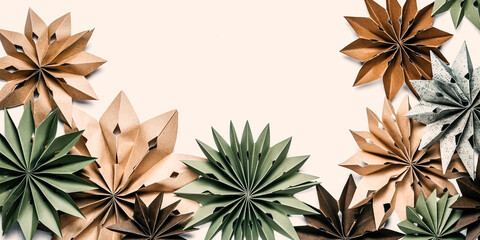 Eco Christmas paper ornaments from kraft and recycled paper — origami stars in green and natural...